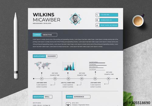 Resume Layout with Dark Header and Blue Infographic Elements - 305518690 - 305518690