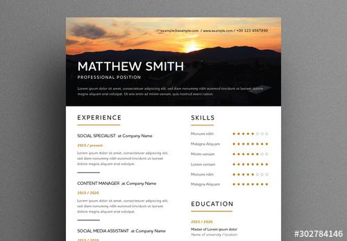 Resume Layout with Sunset Header - 302784146 - 302784146