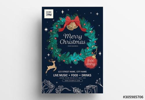 Christmas Flyer Layout with Illustrated Wreath - 305985706 - 305985706