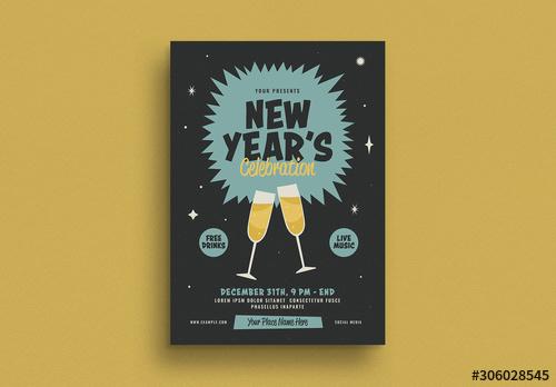 Retro New Year's Event Flyer Layout - 306028545 - 306028545