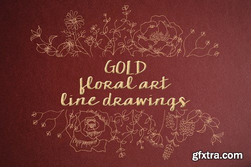 Floral Line Drawings in Gold