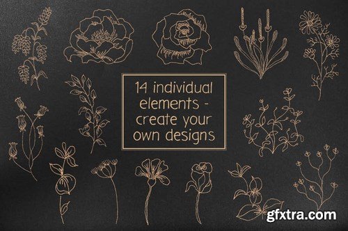 Floral Line Drawings in Gold