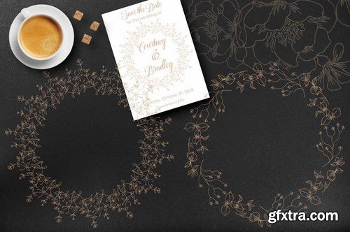 Floral Line Drawings in Gold