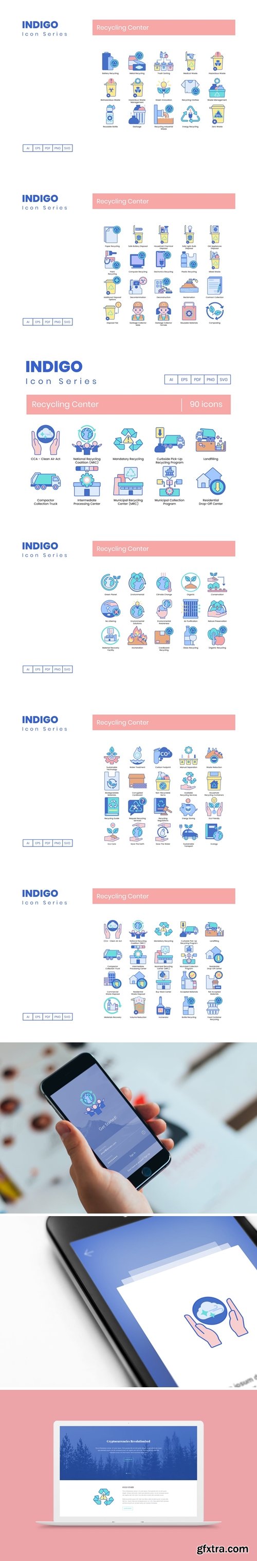 90 Recycling Center Icons - Indigo Series
