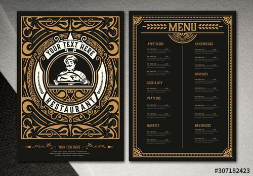 Restaurant Menu Layout with Ornamental Elements - 307182423 - 307182423