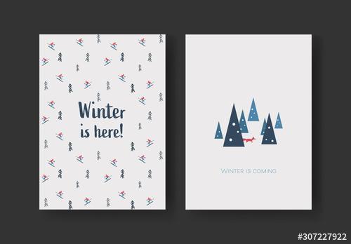 Winter Postcard Card Layout with Skiers and Fox - 307227922 - 307227922