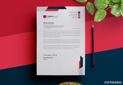 Letterhead Layout with Red and Dark Blue Accents - 307663843 - 307663843