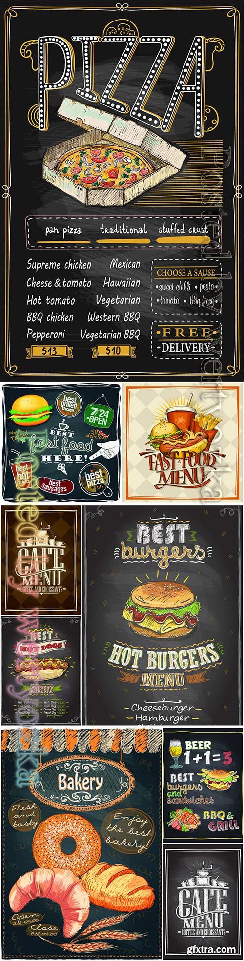 Cafe menu card design, fast food, pizza