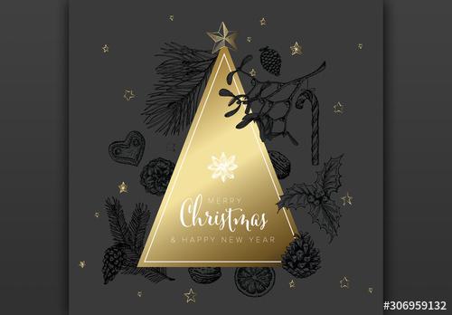 Christmas Card Layout with Gold Triangle Tree - 306959132 - 306959132