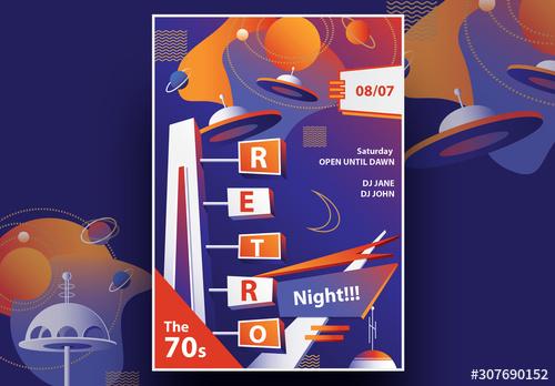 Mid-Century Retro Party Flyer Layout with Sci-Fi Elements - 307690152 - 307690152