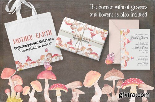 Mushroom Border Watercolor Clip Art