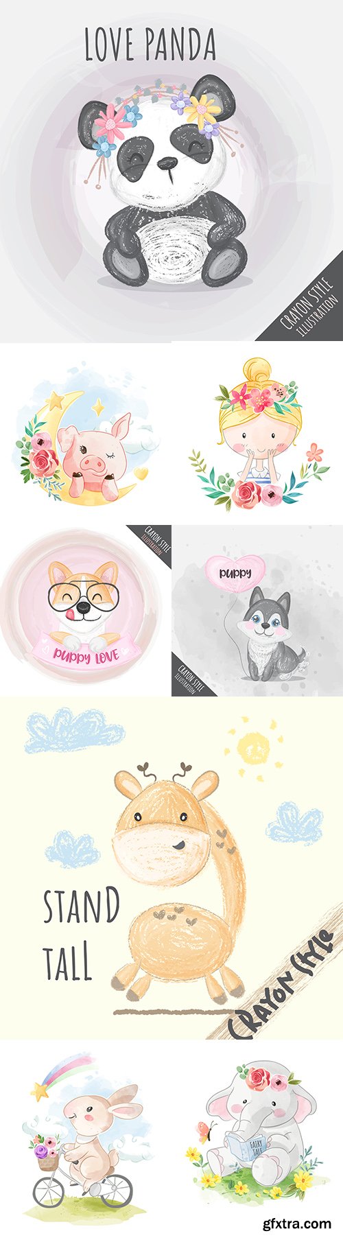 Nice vector illustrations animals and girls with pencil
