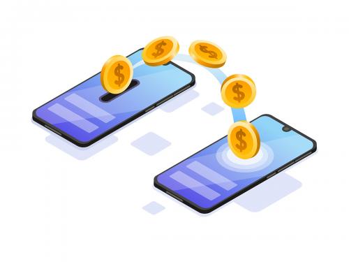 Online Money Transfer with Mobile Phone Isometric Illustration - online-money-transfer-with-mobile-phone-isometric-illustration