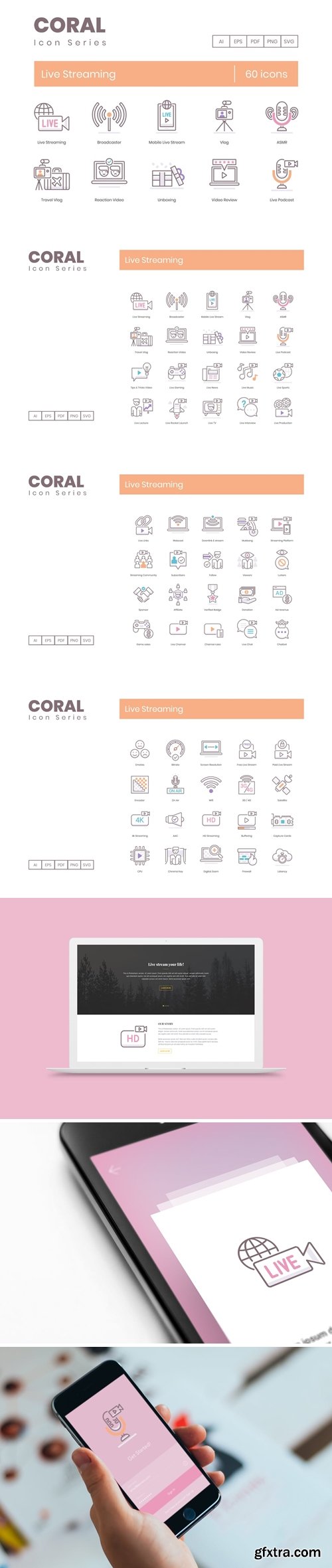 60 Live Streaming Icons - Coral Series
