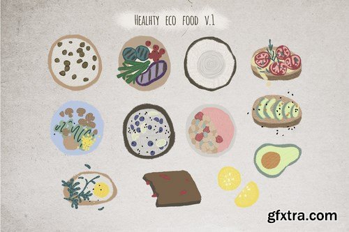 Healthy eco food hand drawn illustrations set