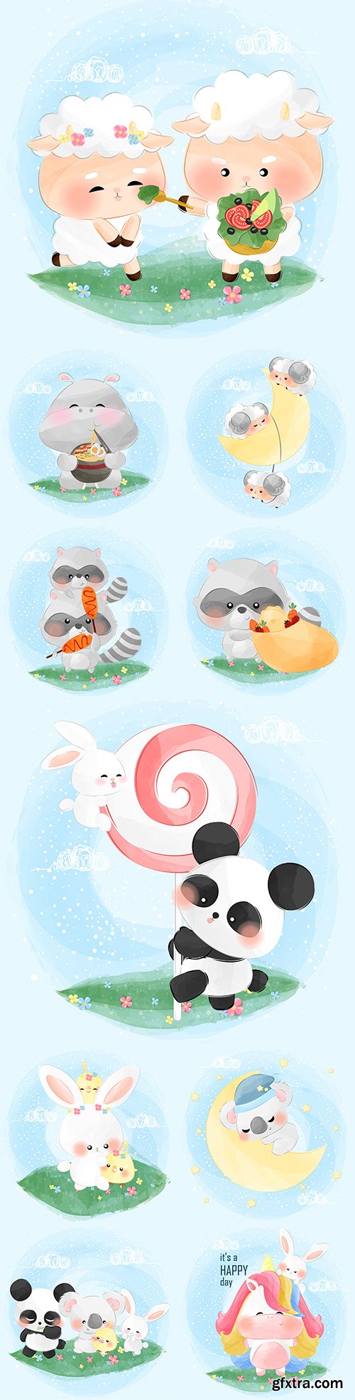 Funny animals drawing cartoon watercolor illustrations 16