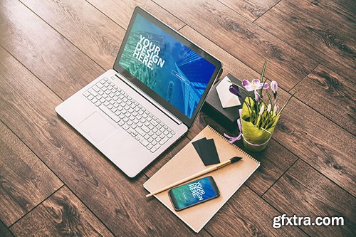Laptop and Smartphone with Accessories Mockup 212964235