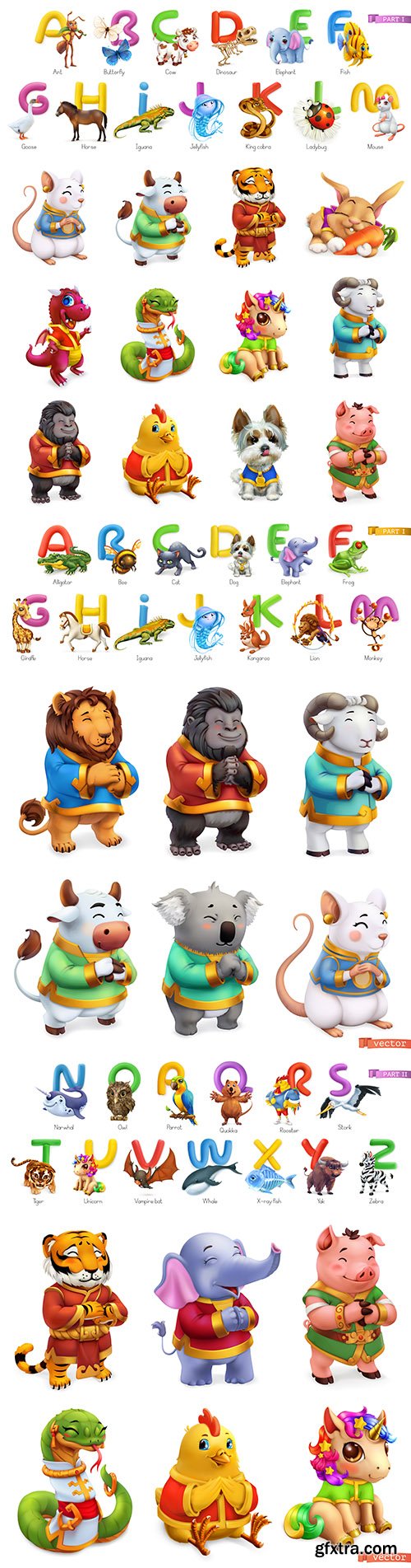 Funny animal 3d illustration set with letters 