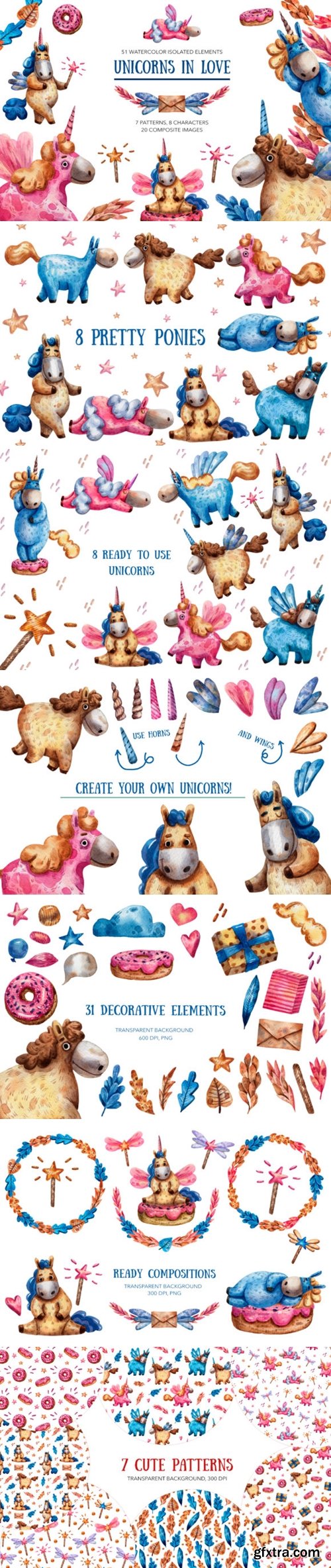 Unicorns in Love - Watercolor Clip Art 2652842