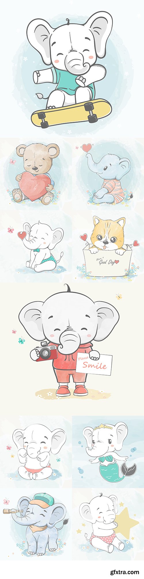 Cute elephant and friends cartoon watercolor