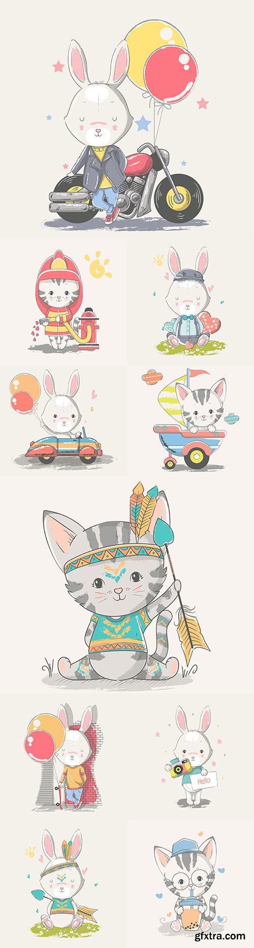 Cute baby rabbit and kitten painted illustrations
