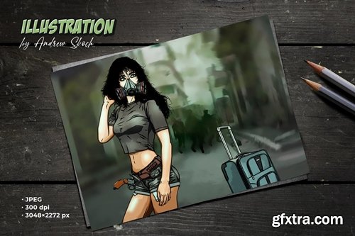 Girl wearing respirator - Illustration