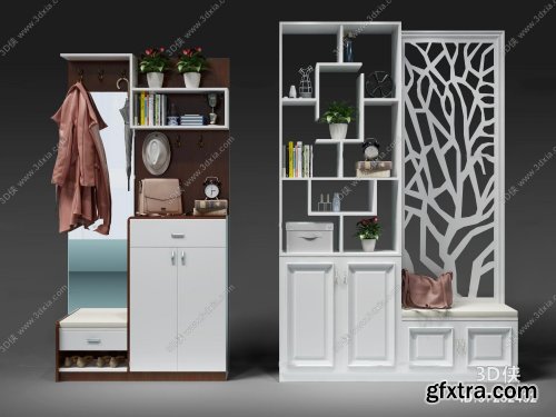 Modern solid wood shoe cabinet potted decoration combination 3D model