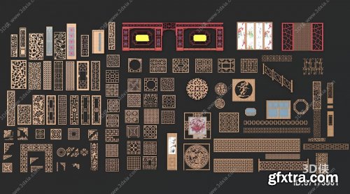 Carved window decoration component combination 3d model