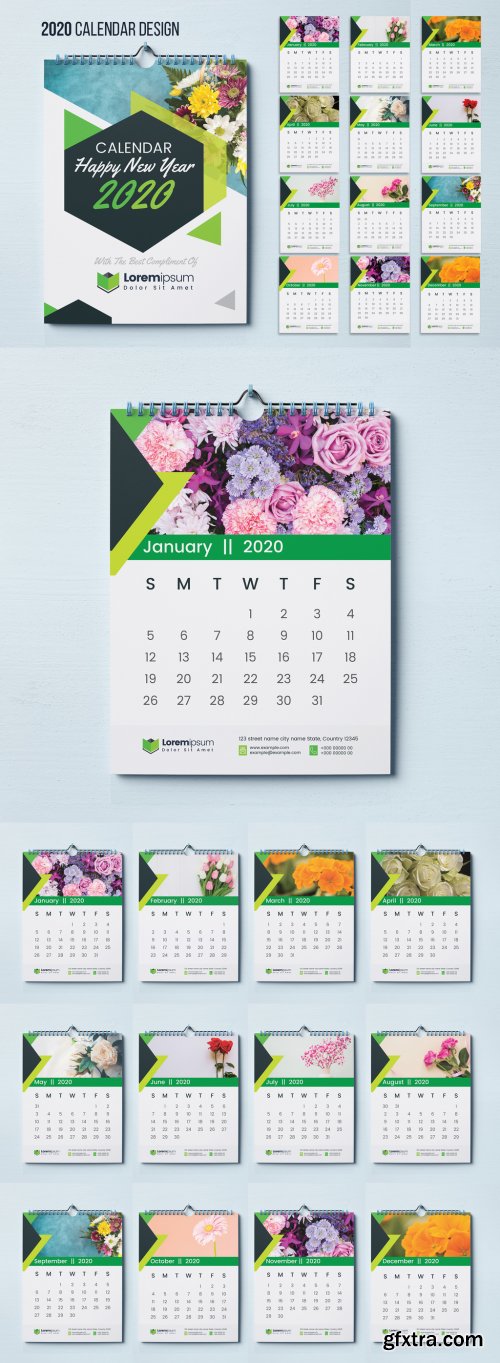 Wall Calendar Layout with Green Geometric Elements 300719945