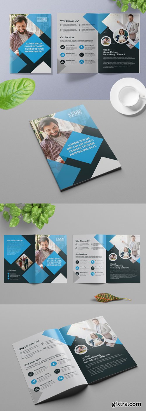 Bifold Brochure Layout with Blue Accents 313886107