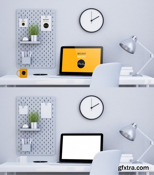 Desktop Computer on a Desk with a Pegboard Mockup 314557949