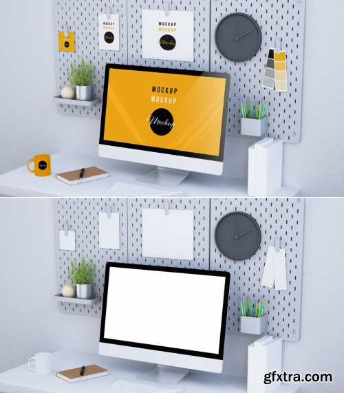 Desktop Computer on a Desk with a Pegboard Mockup 314557963