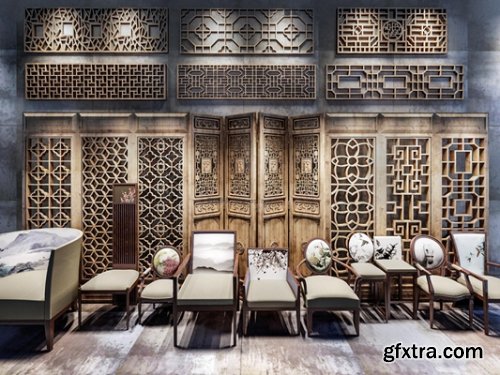 Single chair solid wood carved screen partition combination 3D model