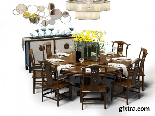 Modern style solid wood dining table and chair / side cabinet / pendant decoration combination 3D model 