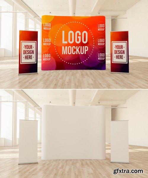 Curved Pop-Up Banner and 2 Roll-Up Banners in a Light Interior Mockup 266362631