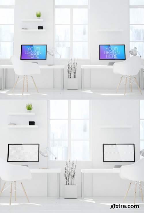 Two Desktop Computers in White Room Mockup 265178083