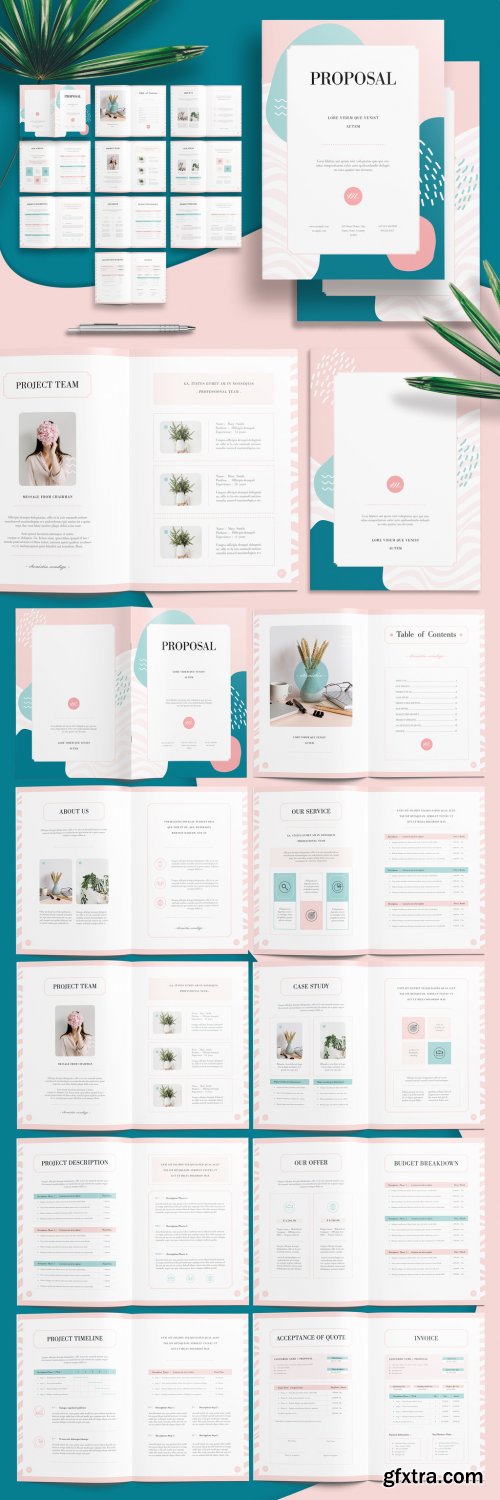 Minimalist Proposal Brochure Layout with Green and Pink Accents 281299559