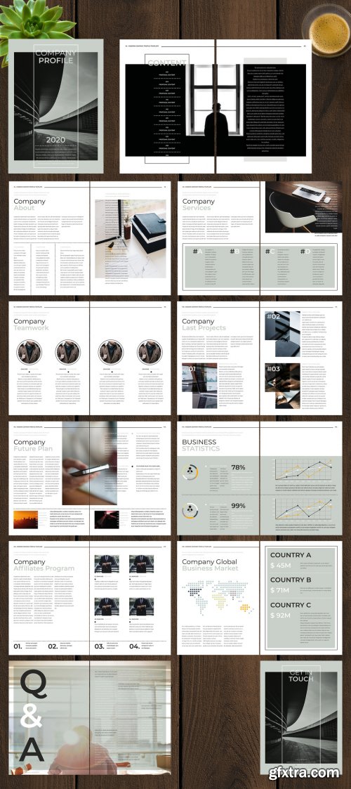 Company Profile Layout with Grey and Green Accents 246490258