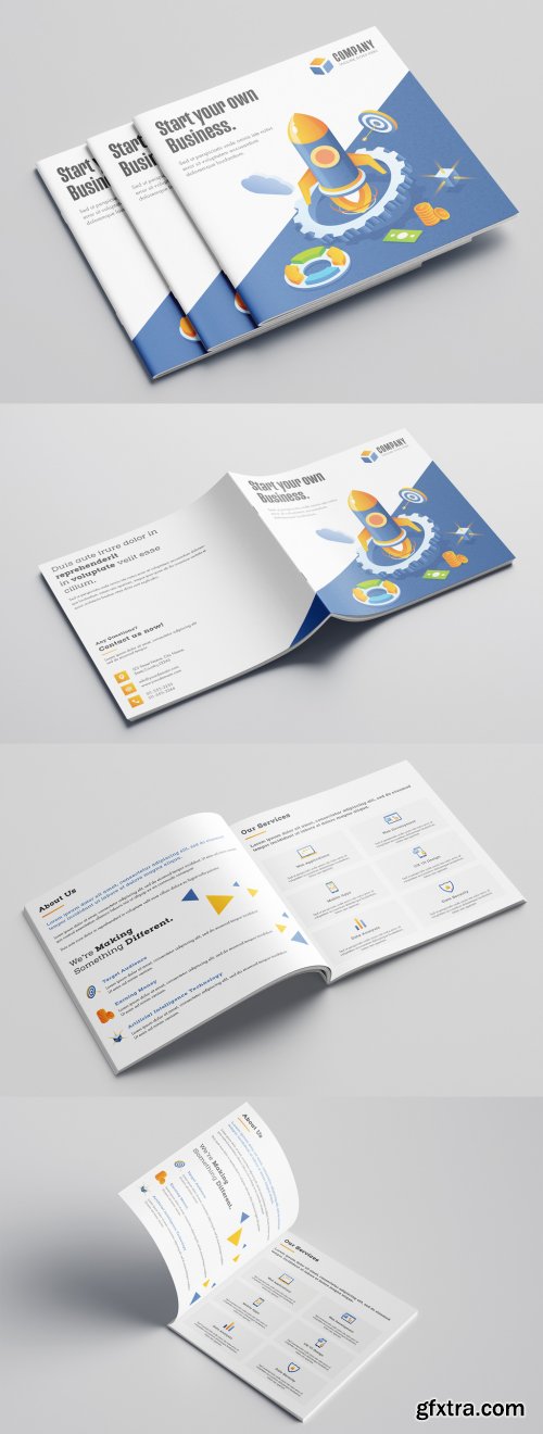 Blue and White Bifold Business Brochure Layout with Illustrations 317553110