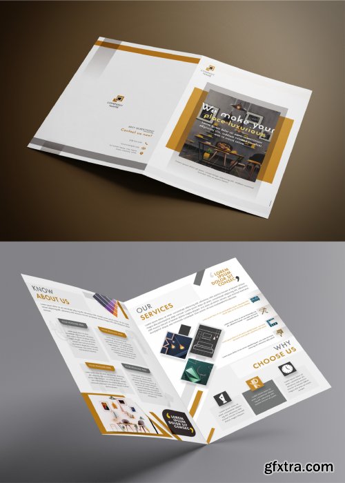 Bifold Brochure Layout with Gold and Gray Accents 317547396