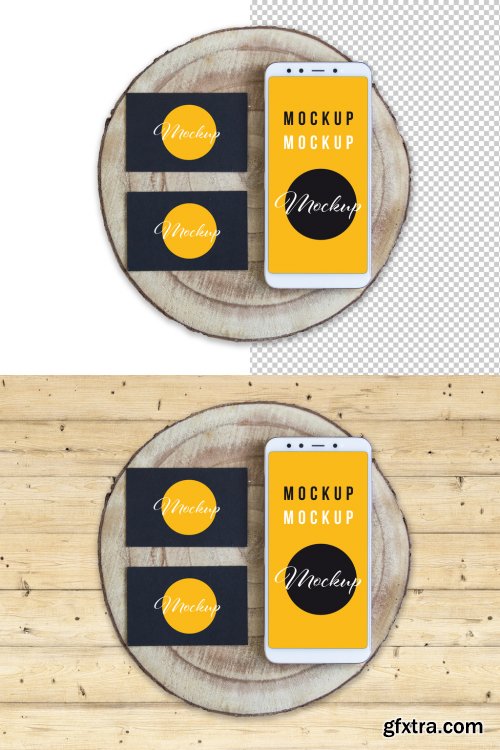 Business Cards and Smartphone Wood Slice Mockup 317591386