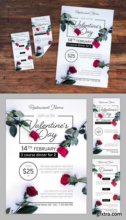 Valentine's Day Dinner Event Layout Set with Photorealistic Rose Illustrations 319294255