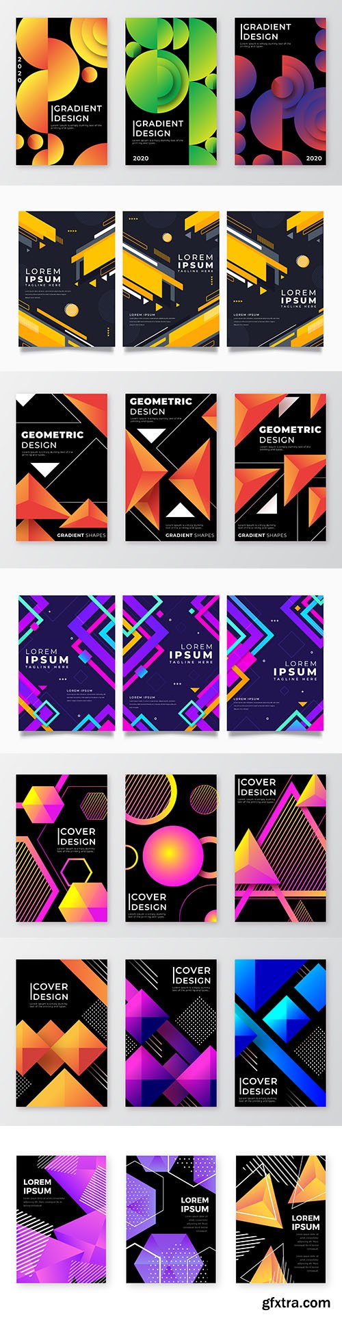 Gradient geometric shapes cover dark background