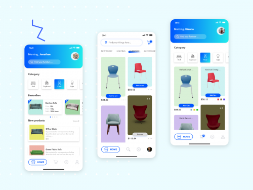 Three Options for Product List flat design concept for Furniture app - three-options-for-product-list-flat-design-concept-for-furniture-app