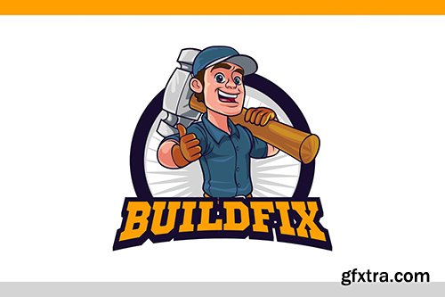 Cartoon Repairman Holding Big Hammer Mascot Logo
