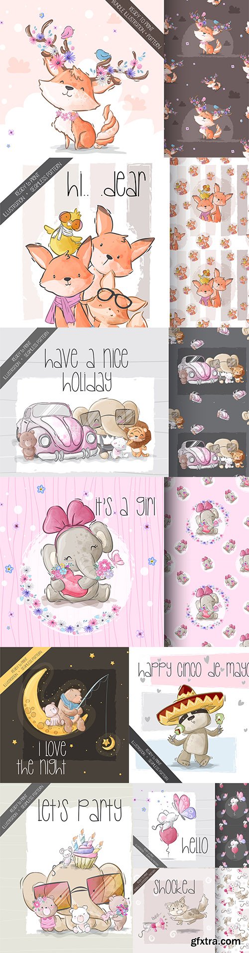 Cute cartoon animals and seamless background 3