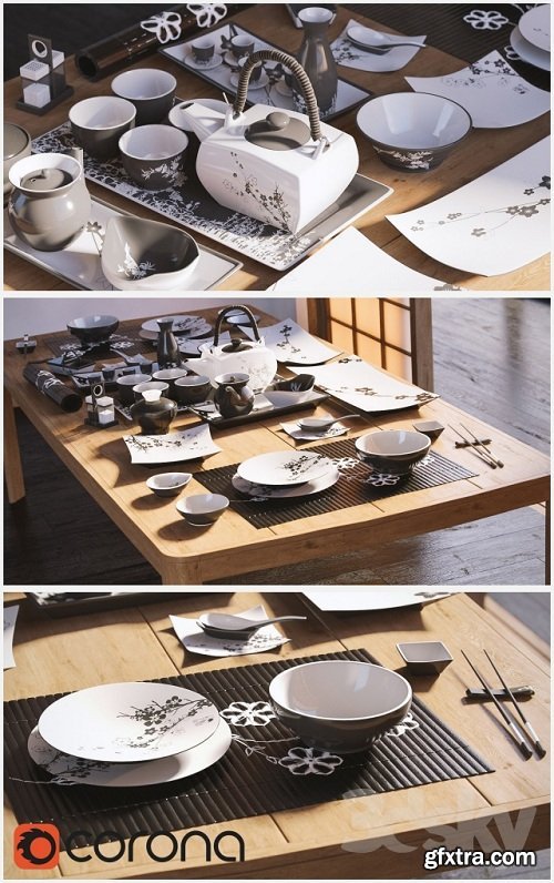 A set of dishes in the Japanese style. / Japanese-style tableware