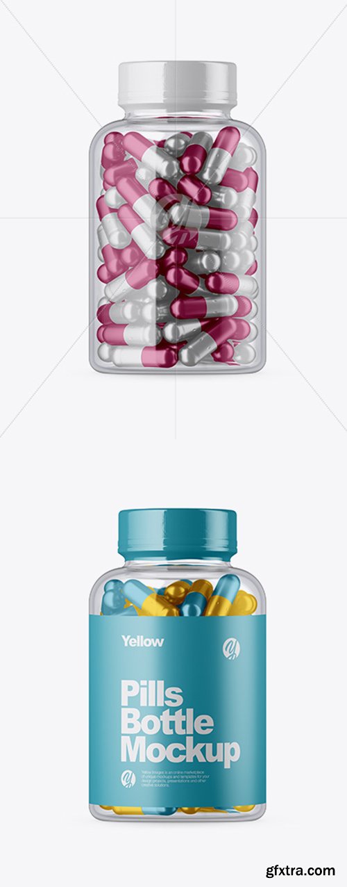 Clear Glass Bottle w/ Metallic Pills Mockup 33337