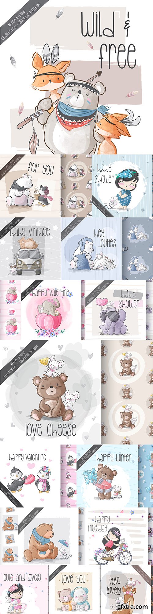 Baby and funny animal illustrations seamless pattern big collection
