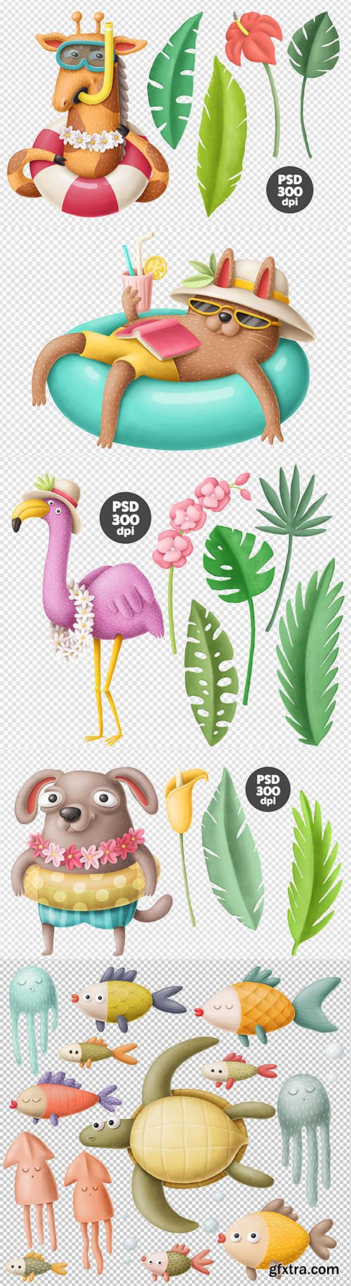 Tropical leaves, animals and marine inhabitants PSD 